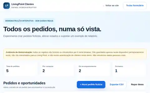 Captura real da demonstração de gestão de pedidos LivingPoint Clientes, realizada em outubro de 2026
